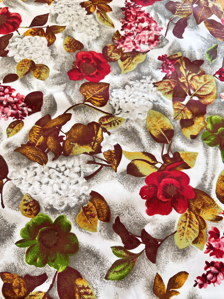 Vintage Fabric 1960s Wow! Rich Red Pink Flowers & Brown Leaves Polished Cotton 88cm Wide