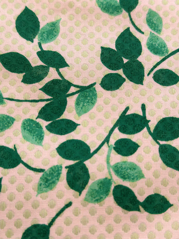 Vintage Fabric 1960s Emerald Green Leaves on Pink White Cotton w/ Embroidered Spot 88cm Wide