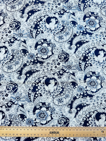 Vintage Fabric 1960s? Fabulous Stylised Peacocks Navy on White Cotton 88cm Wide