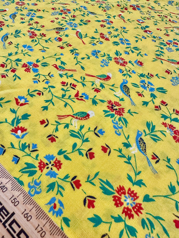 Vintage Fabric 1980s Sun Yellow Cotton w/ Small Birds Botanical 88cm Wide