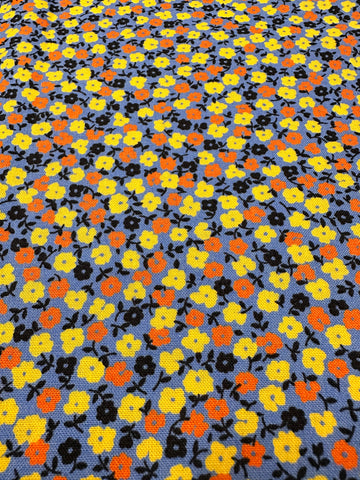 Modern Fabric Everything But The Kitchen Sink 2016 Aunt Helen’s Dress small Yellow Black Orange Flowers on Blue RJR Studio Quilt Cotton 112cm Wide