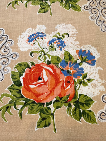 FAT QUARTER Vintage Fabric 1950s Flowers on Tan Cotton Cretonne 43cm x 50cm