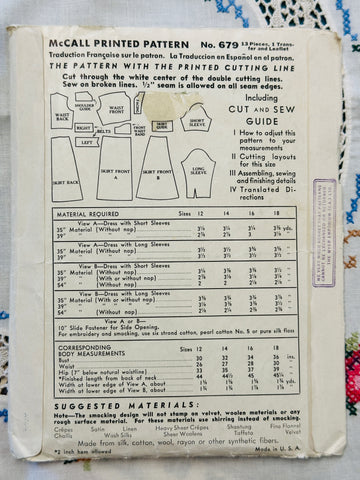 DRESS: Rare McCall Sewing Pattern 1940s Size 14 No Transfers *679