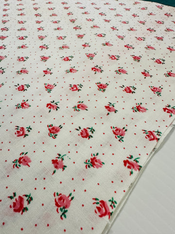 Vintage Fabric 1980s Delightful Tiny Pink Rose on White & Tiny Spot 88cm Wide