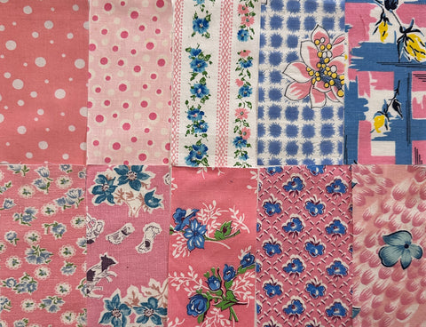 6cm x 12cm Fabric Pack - 10 Pieces - Mid-Century Cottons  - Pinks & Blues