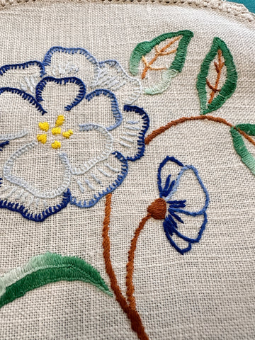 Vintage Hand Worked Embroidered Doily Blue Flower w/ Crocheted Edge 20cm x 20cm