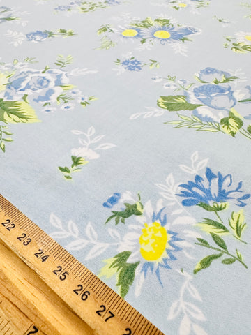 REMNANT Modern Fabric 40s Style Light Blue Cotton w/ Delightful Flowers Lazybones? 55cm x 30cm