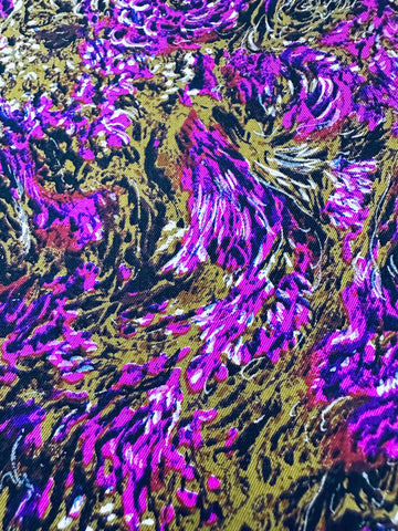 LAST PIECE Vintage Fabric 1970s Purple White Flowing Floral on Olive Brown Silk Blend 112cm x 50cm