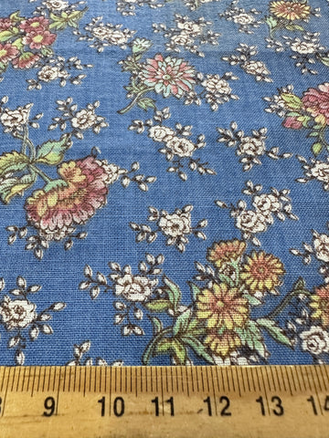 LAST PIECE Vintage Fabric 1970s Cottagecore Floral on Blue 88cm x 50cm