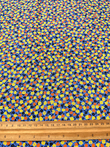 Modern Fabric Everything But The Kitchen Sink 2016 Aunt Helen’s Dress small Yellow Black Orange Flowers on Blue RJR Studio Quilt Cotton 112cm Wide