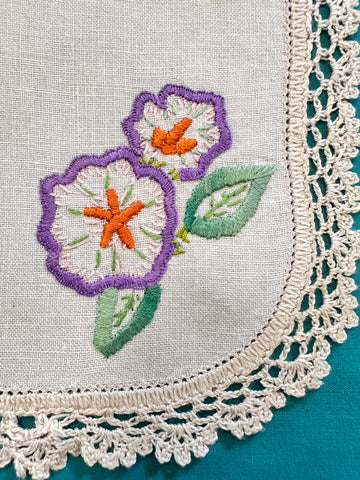 Vintage Hand Worked Embroidered Doily Two Floral Clusters Flowers w/ Design Element & Crocheted Edge 22cm x 23cm