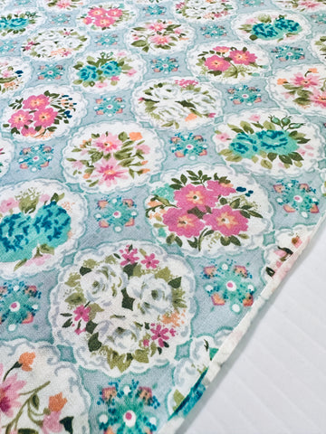 LAST 1/2m: Modern? Vintage? Fabric Darling Posies in Cameos on Pale Blue 112cm x 50cm