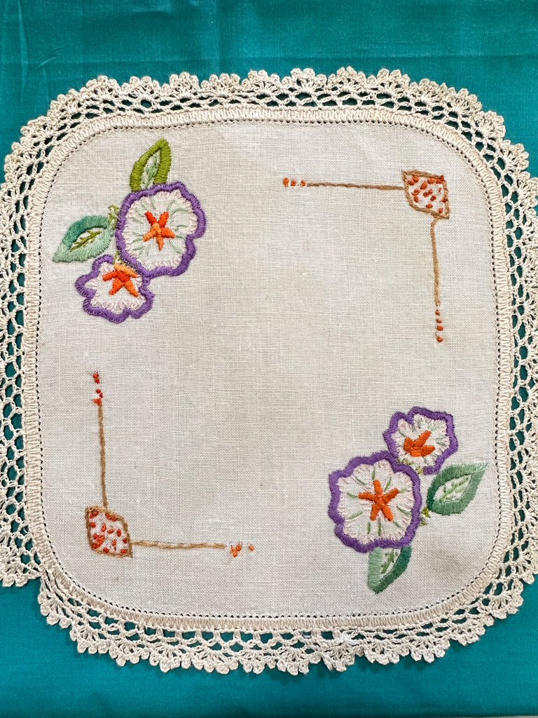 Vintage Hand Worked Embroidered Doily Two Floral Clusters Flowers w/ Design Element & Crocheted Edge 22cm x 23cm