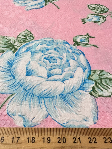 REMNANT Vintage Fabric Embossed Cotton 60s Pale Blue Base & Blue Flowers 44cm x 44cm