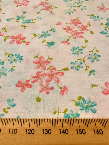 Vintage Fabric 1960s Pink & Blue Flowers on Pale Pink Cotton 88cm Wide
