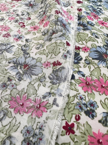 CLEARANCE Vintage Modern Fabric Rayon Cotton Blend w/ Floral Print on White 136cm Wide