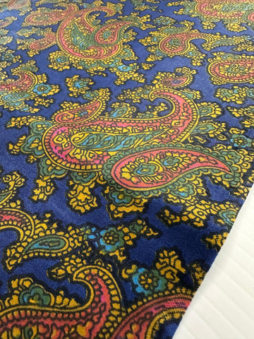 Vintage Fabric 60s 70s High End Polished Cotton Cobalt Blue Base w/ Paisley 88cm Wide