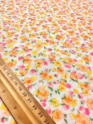 Vintage Fabric 70s Bright Flowers on White Cotton 88cm Wide