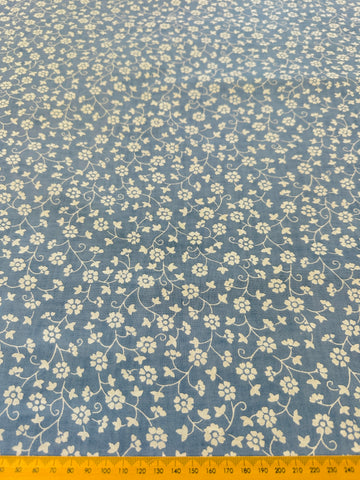 Vintage Fabric 1980s Laura Ashley Style Dusky Blue Base w/ White Floral 118cm Wide