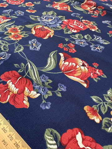 Vintage Fabric 1980s Wamsutta Blue Red Flowers on Navy Cotton Blend 112cm Wide