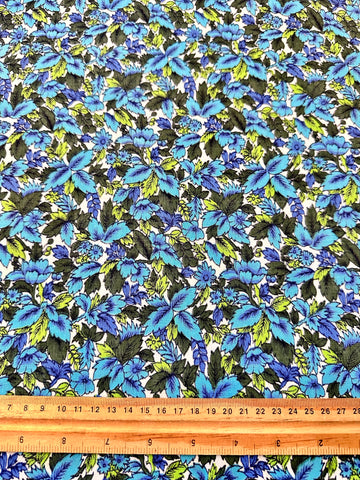 Vintage Fabric 1970s Bright Blue Green Leaves on White Cotton 80cm Wide