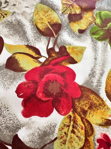 Vintage Fabric 1960s Wow! Rich Red Pink Flowers & Brown Leaves Polished Cotton 88cm Wide