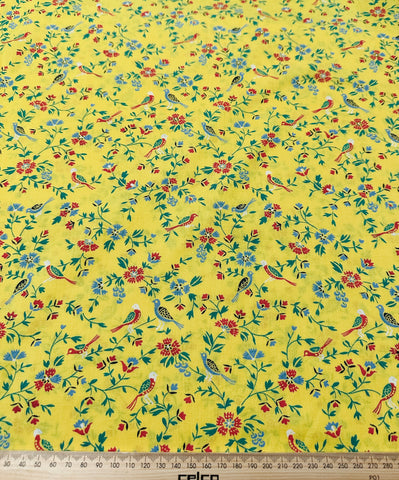 Vintage Fabric 1980s Sun Yellow Cotton w/ Small Birds Botanical 88cm Wide