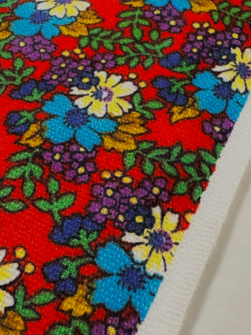 Vintage Fabric 1970s Bright Flowers on Dark Red Cotton 88cm Wide