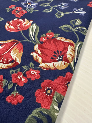 Vintage Fabric 1980s Wamsutta Blue Red Flowers on Navy Cotton Blend 112cm Wide