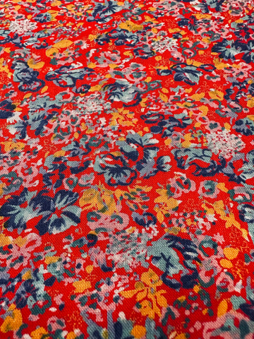 Vintage Fabric 1970s 80s Boho Blue Orange Flowers on Red Cotton 88cm Wide