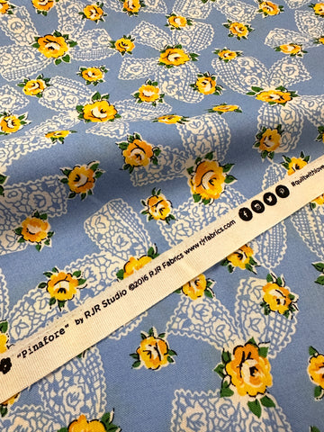 Modern Fabric Everything But The Kitchen Sink 2016 Pinafore Yellow Roses w/ Bows on Blue RJR Studio Quilt Cotton 112cm Wide