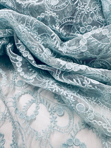 Vintage Fabric 1960s? 1970s Striking Pale Blue Lace 90cm Wide