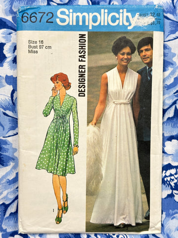 DAY OR EVENING DRESS: Simplicity Sewing Pattern 1980 Size 16 Unused Cut *6672
