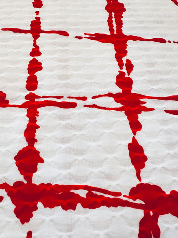 Striking Vintage Fabric 1960s?Waffle Weave Cotton w/ Mod Painted Lines 114cm Wide