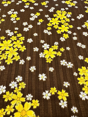 Vintage Fabric 1960s Yellow Daisies on Chocolate Brown Textured Cotton 88cm Wide