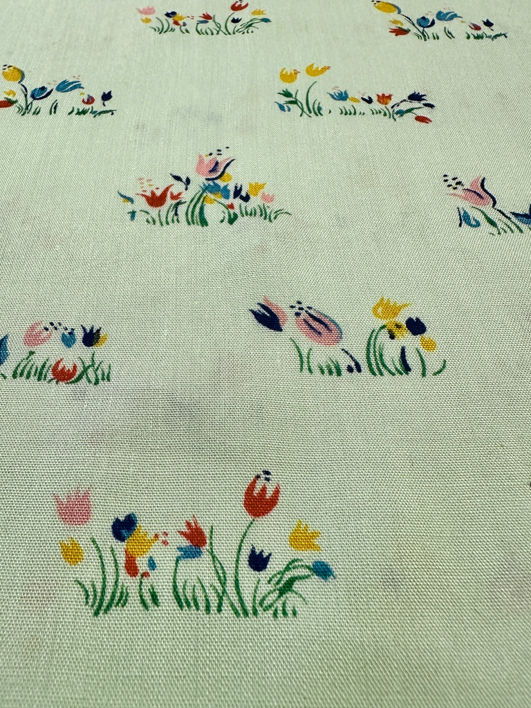 Vintage Fabric 1960s Boho Meadow Retro Tulips on Mint Green Cotton 88cm Wide