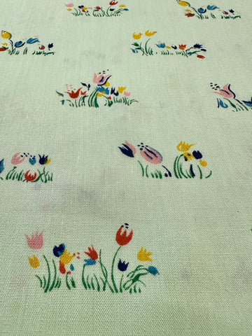 Vintage Fabric 1960s Boho Meadow Retro Tulips on Mint Green Cotton 88cm Wide