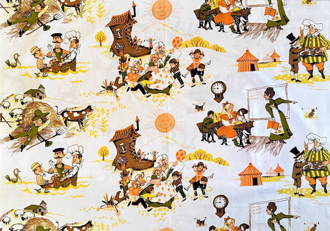 Vintage Fabric 1970s Novelty Textured Cotton Crepe w/ Nursery Rhyme Images 116cm Wide