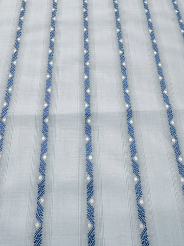 Vintage Fabric 1960s 70s Light Weight Pale Blue Cotton w/ Embroidered Stripe Spot 88cm Wide