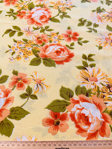 Vintage Fabric 1960s Bright Floral on Yellow Cotton Cretonne 88cm Wide