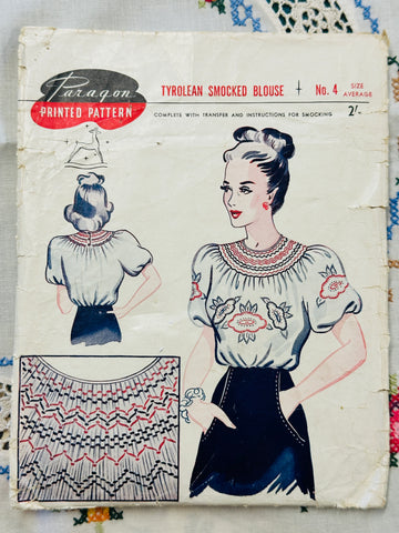 TYROLEAN SMOCKED BLOUSE: Rare Paragon Printed Sewing Pattern 1940s Size 34-38 Bust  *Number 4
