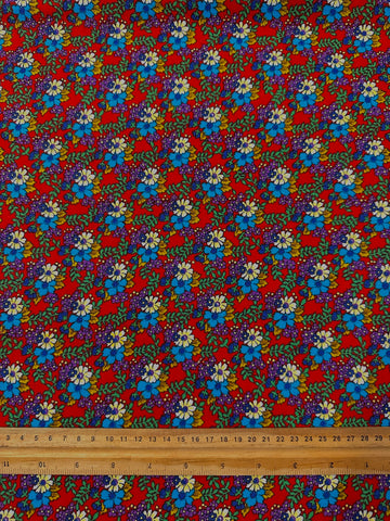 Vintage Fabric 1970s Bright Flowers on Dark Red Cotton 88cm Wide