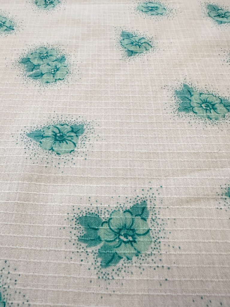 Vintage Fabric 70s Cotton Fancy Window Pane Weave Aqua Flowers 108cm Wide
