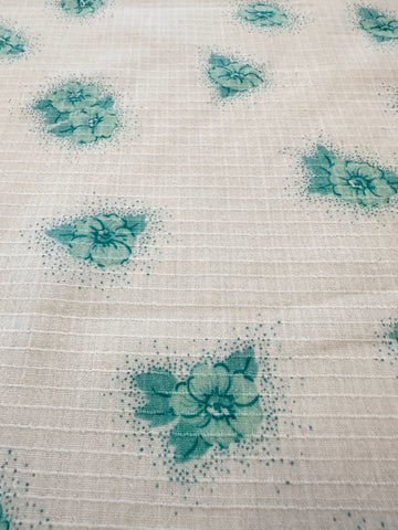 Vintage Fabric 70s Cotton Fancy Window Pane Weave Aqua Flowers 108cm Wide