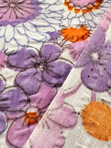 Vintage Fabric 1960s 70s Pure Retro Purple Daisies Cotton Plisse 88cm Wide