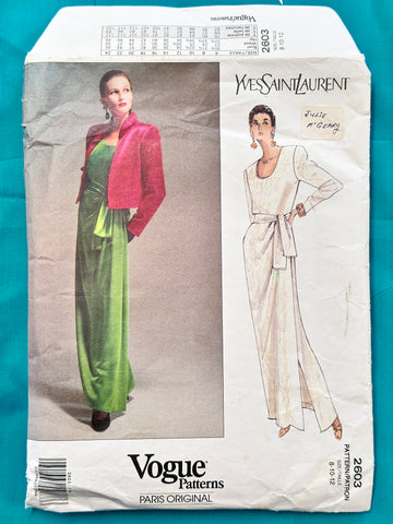 EVENING JACKET, DRESS & SASH: Vogue Paris Original Sewing Pattern YSL Yves Saint Laurent 1990 Complete Size 8-10-12 *2603