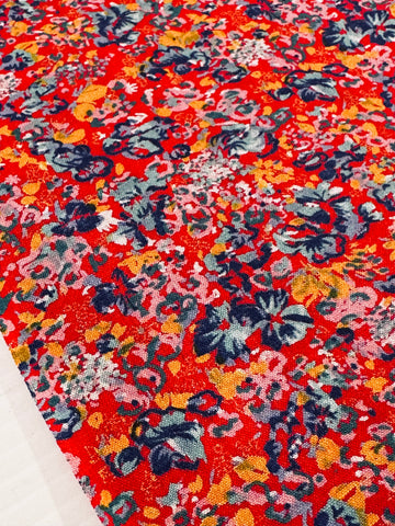 Vintage Fabric 1970s 80s Boho Blue Orange Flowers on Red Cotton 88cm Wide