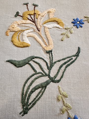 Vintage Hand? Machine? Worked Embroidered Centrepiece Doily Two Flowers w/ Daisy Ring & Crocheted Edge 44cm x 32cm