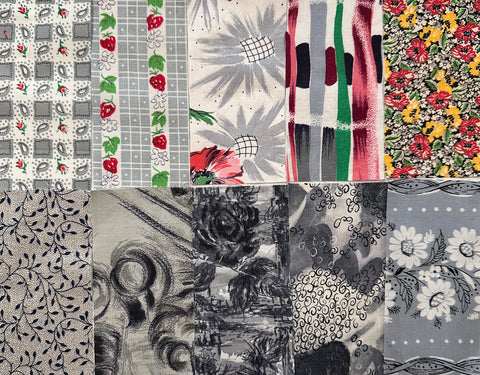 6cm x 12cm Fabric Pack - 10 Pieces - Mid-Century Cottons  - Greys Black