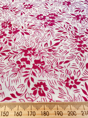 Vintage Fabric 1960s Bright Raspberry Pink Floral on White Cotton 86cm Wide